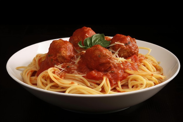 Un bol blanc rempli de spaghettis et de boulettes de viande IA générative