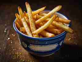 Photo un bol bleu et blanc de frites avec un état blanc sur le côté