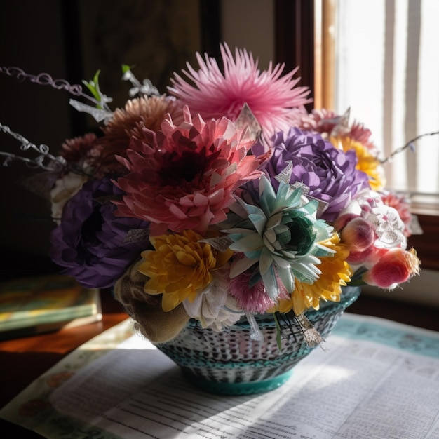 Un bol bleu avec un bouquet de fleurs dedans