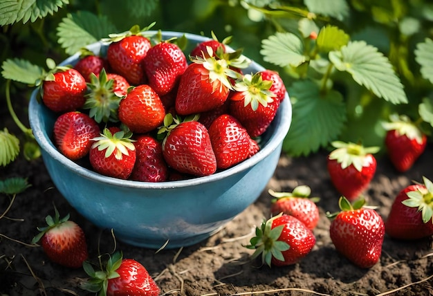 un bol bleu de fraises avec des fraises dedans