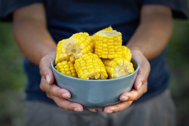 Bol bleu de maïs dans les mains d'une agricultrice