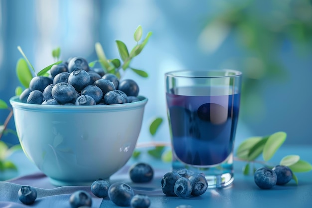 Un bol de bleuets et un verre de jus de bleuet.