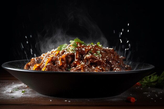 Un bol de boeuf avec du riz et des graines de sésame sur fond noir.