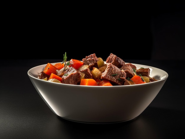 Photo un bol de boeuf et de légumes avec un brin de romarin sur le dessus.