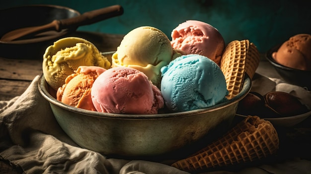 Bol en bois avec des boules de baies de crème glacée et de menthe généré par l'IA