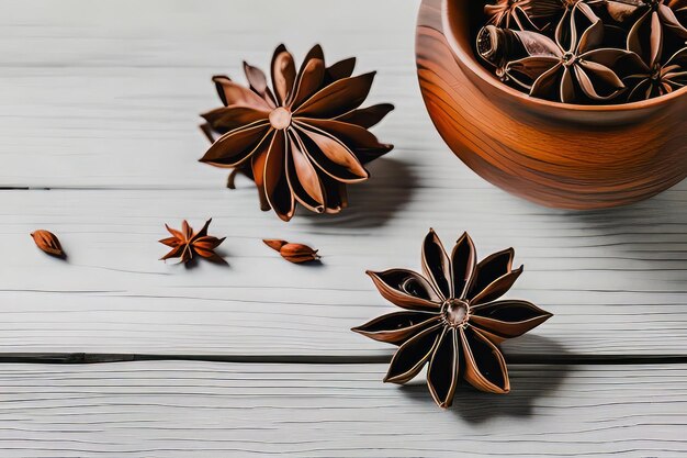 Bol en bois avec des épices sur table en bois