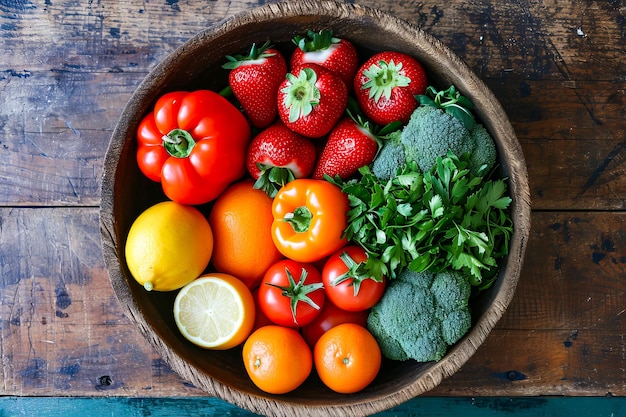 Un bol en bois est rempli d'une variété de fruits et légumes, y compris des oranges, des tomates et des brocolis.