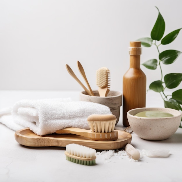 Un bol en bois avec une feuille verte à côté d'un porte-brosse à dents.