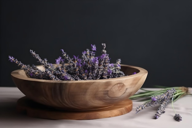 Un bol en bois de fleurs de lavande est posé sur une table.