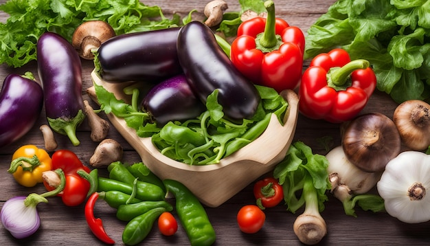 un bol en bois de légumes, y compris des poivrons et des concombres