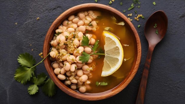 Un bol en bois de lentilles avec de la soupe et une tranche de citron