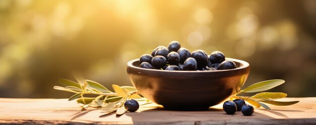 Bol en bois d'olivier rempli d'olives sur une table en bois dans la lumière du soleil d'une oliveraie ai générative