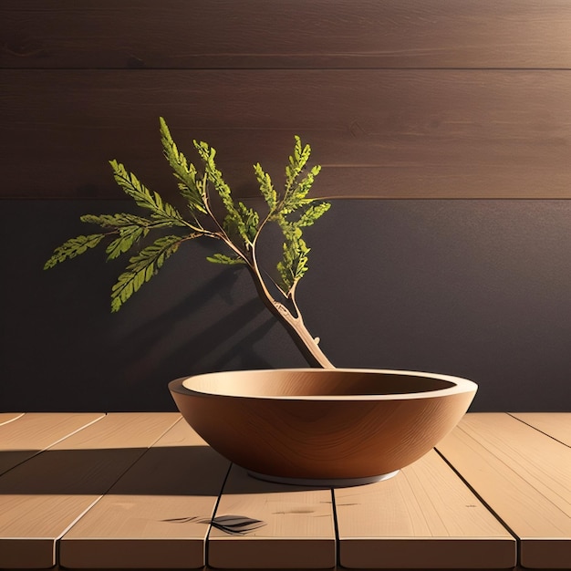 Un bol en bois avec un petit arbre dedans.