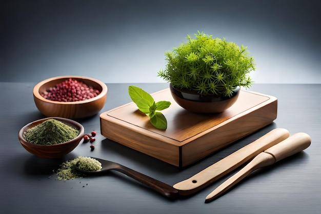 Un bol en bois avec une plante et un bol avec des épices sur la table.