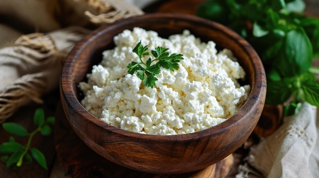 Un bol en bois rempli de fromage sur une table en bois