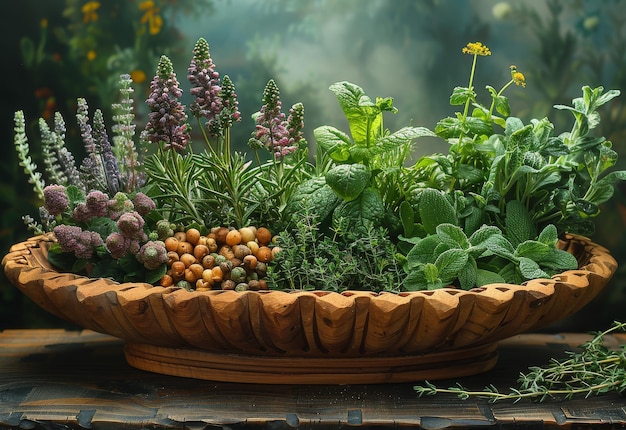 Un bol en bois rempli d'herbes et de fleurs fraîches