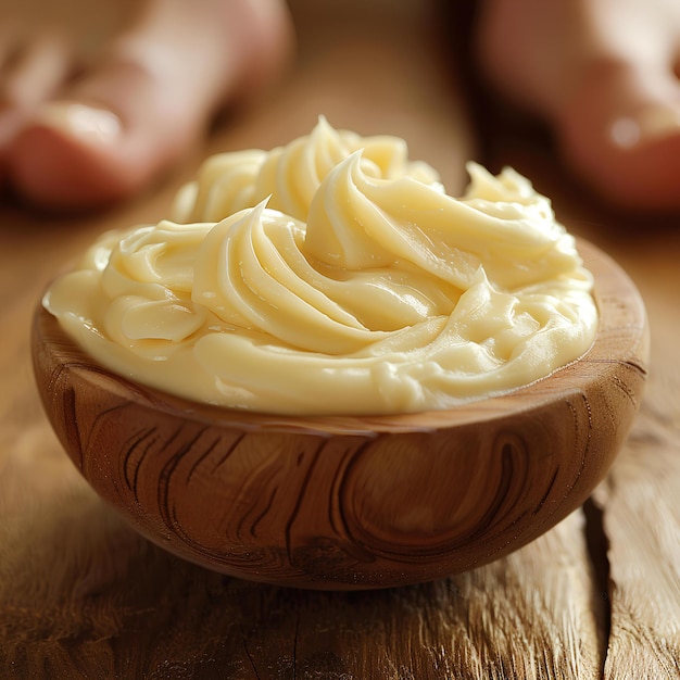 Un bol en bois rempli de sauce blanche sur le dessus d'une table à côté