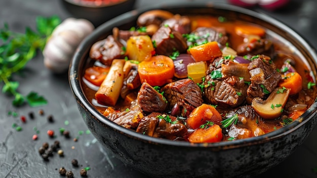 Un bol en bois rempli de viande et de légumes