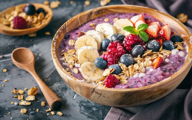 Un bol en bois rustique rempli de granola et d'une variété de fruits colorés