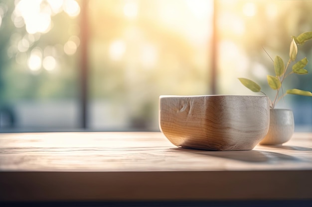 Bol en bois rustique sur une table en bois créé avec la technologie Generative AI