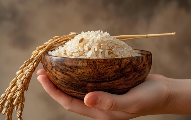 Un bol de bois tenu à la main rempli de riz blanc cru et de brindilles de blé