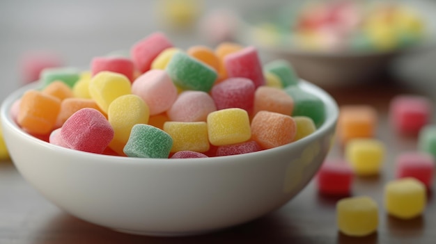 Un bol de bonbons colorés est posé sur une table.