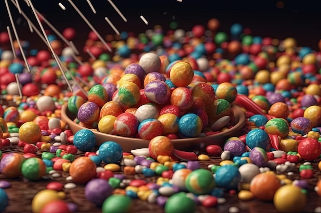 Bol de bonbons colorés sur une table en bois Generative AI