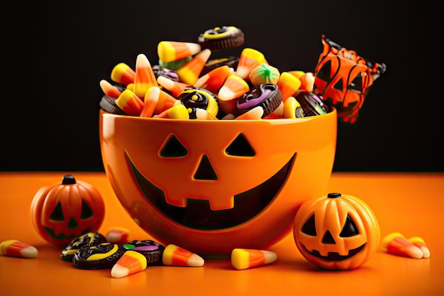 Bol de bonbons d'Halloween avec des biscuits sur fond orange