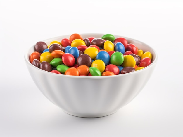 Un bol de bonbons m & m colorés est posé sur une surface blanche.