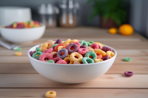 Un bol de boucles de fruits est posé sur une table.