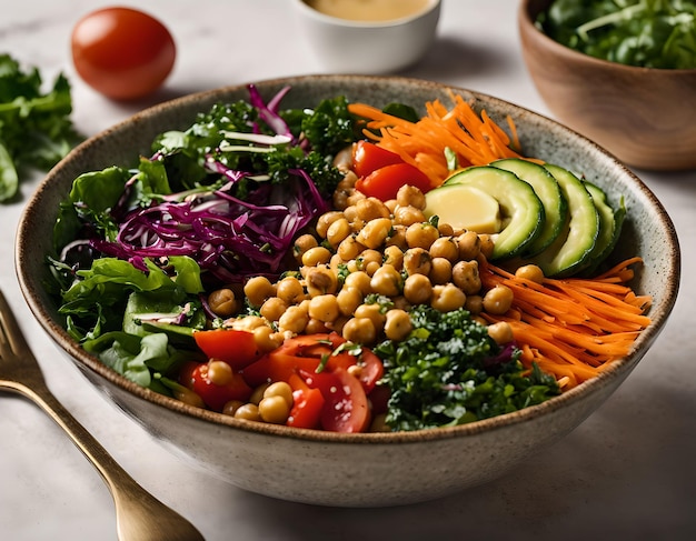 Un bol de bouddha végétarien avec une salade de légumes frais et des pois chiches