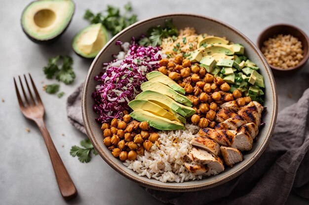 Photo bol de bouddha végétarien avec salade de légumes frais et pois chiches