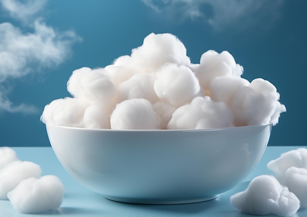 un bol de boules de coton blanches moelleuses dans un bol avec les mots « gonflés » sur le côté.