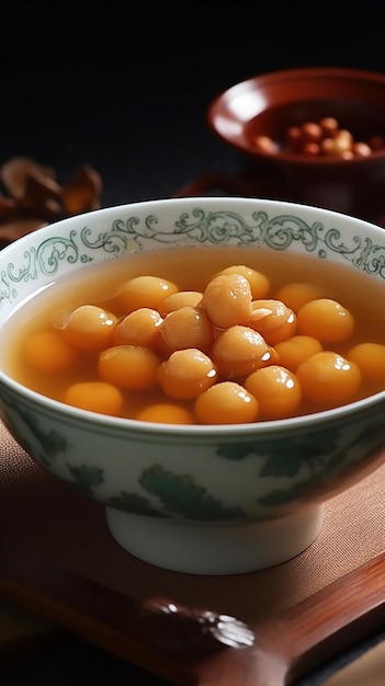 Un bol de boules de fruits chinois avec le nom kom sur le côté