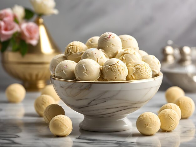 Bol de boules de glace reposant sur une table en marbre