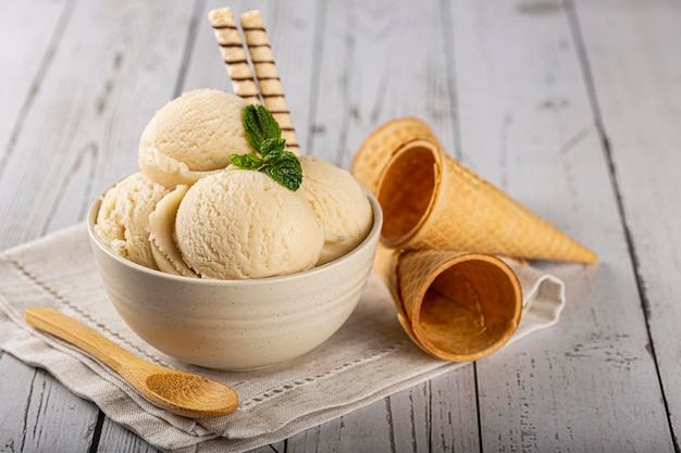 Bol avec boules de glace à la vanille.