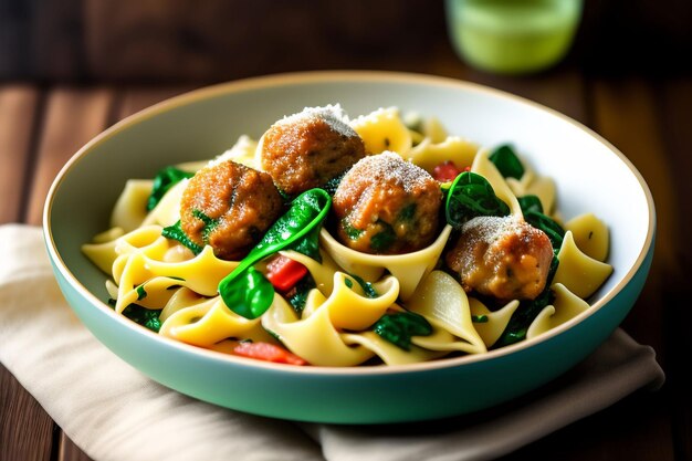 Un bol de boulettes de viande italiennes aux épinards et aux épinards