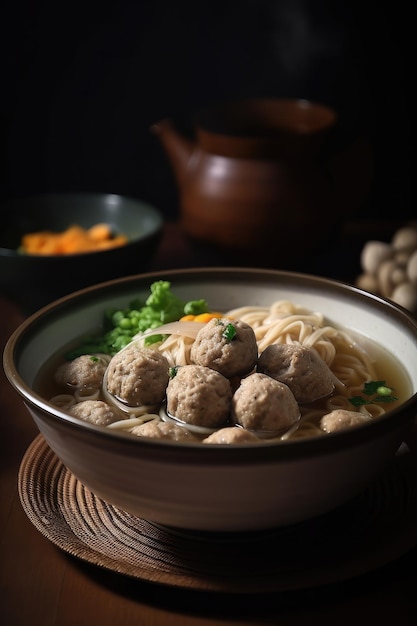 Un bol de boulettes de viande et de nouilles avec un bol de soupe.