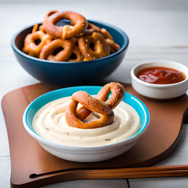 Un bol de bretzels avec un bol de bretzels à côté.