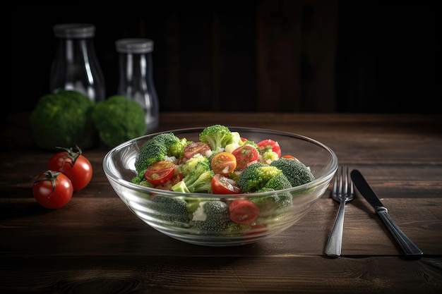 Un bol de brocoli et de tomates est posé sur une table avec un couteau et une fourchette.