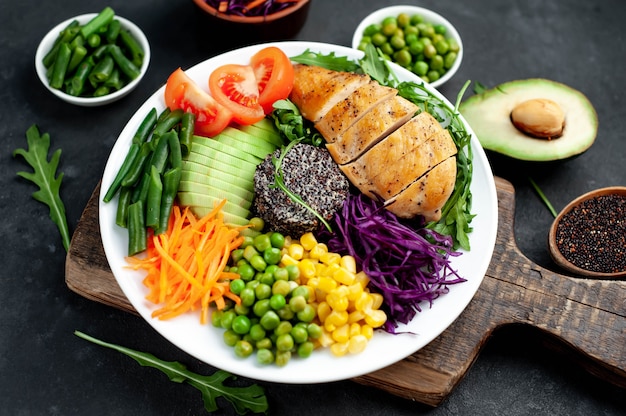 Bol Buddha.Quinoa, poitrine de poulet, roquette, avocat, chou rouge, carotte, pois verts, maïs, tomate, haricots verts dans une assiette blanche.