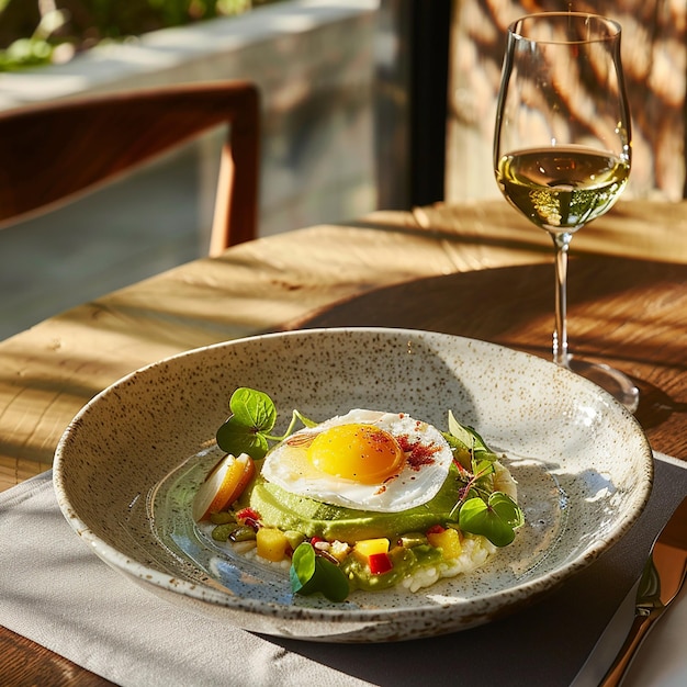 Un bol de burrito à l'avocat et aux haricots avec un œuf SunnySideUp