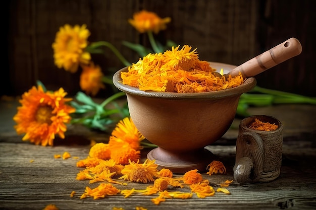 Bol de calendula écrasé feuille de fleur culinaire sauvage avec médecine naturelle générer Ai