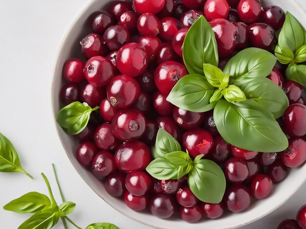 Un bol de canneberges rouges avec un bol de basilic et de basilic