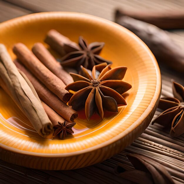 Un bol de cannelle et d'anis étoilé sur une table en bois