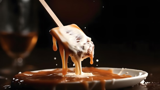 Photo un bol de caramel avec une cuillère trempée dedans