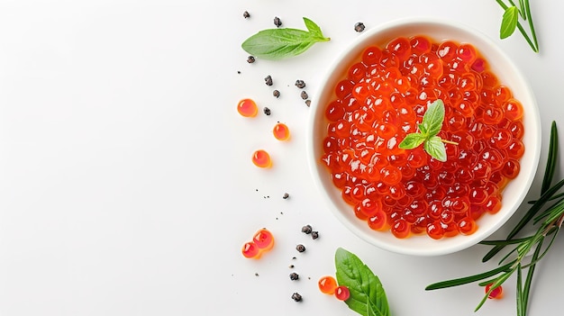 Un bol de caviar de saumon rouge avec un fond blanc de studio avec un grand espace pour le texte ou le produit IA générative