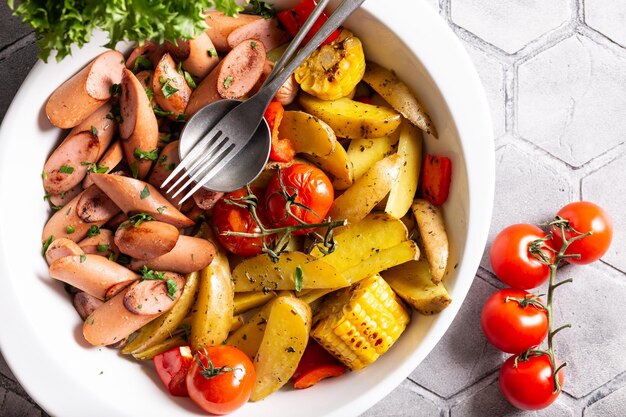 Photo bol en céramique avec dîner fraîchement préparé avec saucisses et pommes de terre