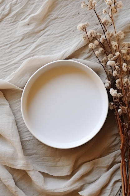 Bol en céramique avec du lait et des fleurs sèches sur du lin blanc Vue de dessus à plat