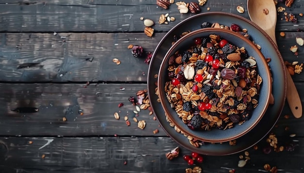 un bol de céréales et de raisins secs avec un bol de noix et un bowl de noix